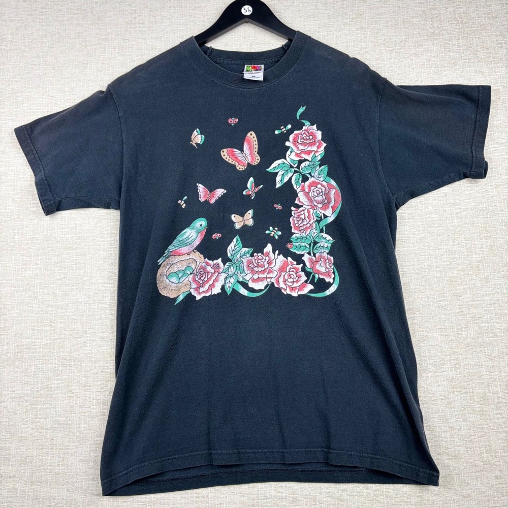 Vintage Fruit of the Loom Heavy Cotton T-Shirt Black Floral Butterfly Bird L